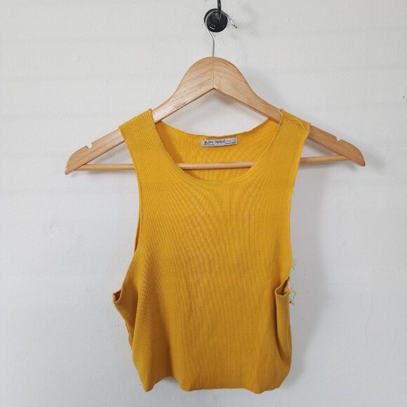 Zara Trafuluc Mustard Yellow Small Crop Top Tank Top Distressed Hem - Picture 1 of 4